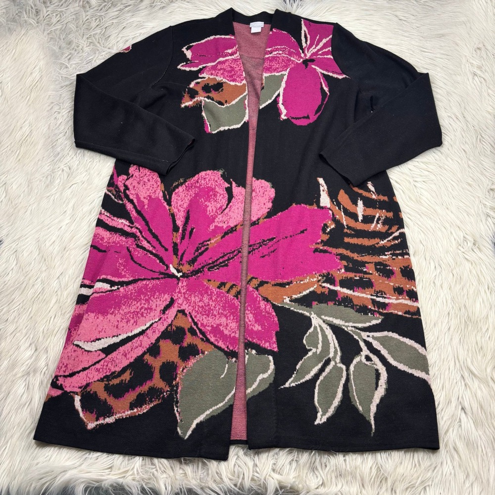 Chico's Women's XL (3) Black Pink Graphic Floral Long Line Cardigan Boho Artsy